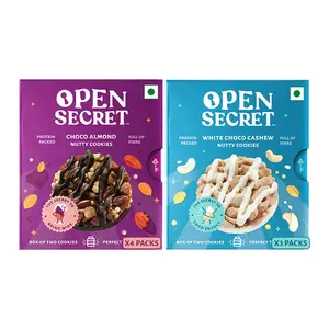 Open Secret Multi Flavor Tiffin Snacks- Healthy Choco Almond (4) + White Choco Cashew (3) Cookies with Nuts |No Added Maida Family & Back to School Snacks Biscuit | 7 Boxes (2 Cookies per Box)