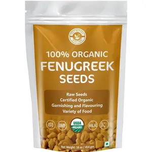 USDA CERTIFIED Organic Fenugreek Seed- 454gm (16 Oz) (TRIGONELLA FOENUM) 100% Sortex clean and Natural (1 lb) - Resealable Zip Lock Pouch