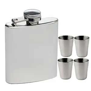Dynore Stainless Steel Hip flask 7 oz with 4 shot glasses