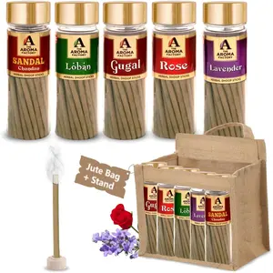 The Aroma Factory Dhoop batti No Bamboo (Rose, Sandal, Gugal, Loban, Lavender) Natural Sticks with Incense Holder, 5 Jars x 100 Gram
