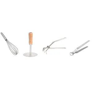 Dynore Stainless Steel 4 Pcs Multipurpose Kitchen Tools Combos- Whisk Masher Chimta and Pakkad