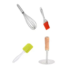 Dynore Stainless Steel 4 Pcs Multipurpose Kitchen Tools Combos- Whisk Oil Brush and Spatula and Masher