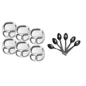 Dynore Stainless Steel 3 in 1 Three Compartment Nasta/Snacks/Dinner Plate with Spoons- Set of 12