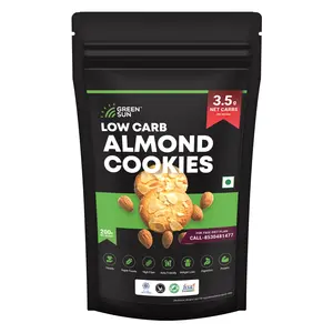 Green Sun Low Carb Almond Cookies |200 Gm | 0.5 g Net Carb Per Cookie Sugar Free | Natural Sweetener Stevia |Healthy | High Fiber | Super Foods | Crispy (Pack of 1)