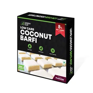 Green Sun Low Carb Coconut Barfi | 200 g | 0.8 g Net Carb Per Barfi Sugar Free | Guilt Free Sweet | Tasty Diet Burfi | Desi Ghee |Fresh Coconut | Nariyal Burfi