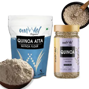 Amwel Organic Combo of Quinoa Flour 500g + Quinoa Seeds 400g | Low Glycemic Protein Rich High Fiber Diet | Breakfast Cereal Make Chapati Wrap Pancake | 900g