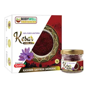 BODYWELL Natural Pure Hand-picked Original Kashmiri Saffron / Kesar / Keshar / Mongra Threads 1 Gram