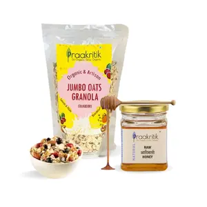 Praakritik Organic Jumbo Oats Cranberry Granola (300 gms) With Raw Adivasi Honey (200 gms) | Healthy Breakfast Combo | Wholesome Breakfast Cere