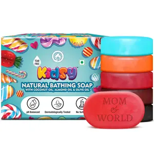 Mom & World 5 In 1 Natural Bathing for (Bath ) Tear Free - Gummies Fruit Candy Candy FMarshmallow Kola Candy - 75g Each x 5 With Coconut Almond & Olive Oil