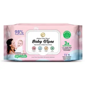 Mom & World Natural 98% Pure Water Wipes Plant Based 3X Soothing With Aloe Vera Calendula & Cucumber pH Balanced Extra Thick | Extra Moist 72 N Wipes