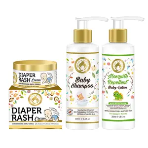 Mom & World Gentle Nourishing Care | Diaper Rash Cream 50g + Shampoo 200ml + Mosquito Repellent Lotion 200ml