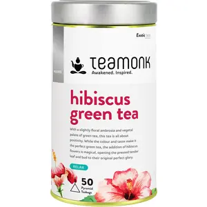 Teamonk High Mountain Hibiscus Green Tea Box - 50 Biodegradable Pyramid Tea Bags Filled With Whole Loose Leaves. 
