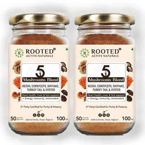 Rooted Actives 5 in 1 SUPER DEFENCE MUSHROOM EXTRACT POWDER BLEND 100 Gram Pack of - 2