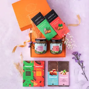 Daarzel Ambriona Gift Box Almond Lovers Hamper( Cream & Onion Flavored Almonds Peri Peri Almonds Unsweetened Almond Butter & Almond Butter with Dark Chocolate 45% Caramelised Almond 70% Almond )