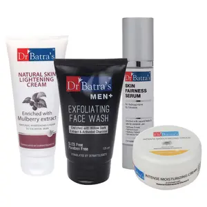 Dr Batra's Skin Fairness Serum - 50 G Men+ Exfoliating Face Wash - 125 GNatural Skin  Cream - 100 gm and Intense Moisturizing Cream -100 G (Pack of 4)