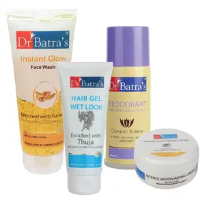 Dr Batra's Hair Gel - 100 gm Face Wash 200 gm Deo For Men-100 gm and Intense Moisturizing Cream -100 G (Pack Of 4 For Men)