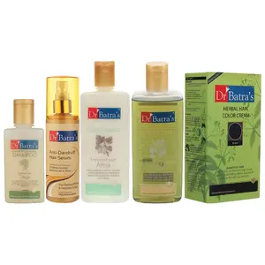 Dr Batra's Hair Serum Conditioner - 200 ml Hair Oil - 200 ml Herbal Hair Color Black and Dandruff Cleansing Shampoo - 100 ml