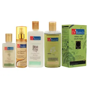 Dr Batra's Hair Serum Conditioner - 200 ml Hair Oil - 200 ml Herbal Hair Color Brown and Dandruff Cleansing Shampoo - 100 ml