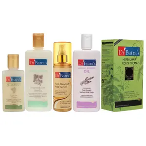 Dr Batra's Hair Serum Conditioner - 200 ml Oil- 200 ml Herbal Hair Color Cream Brown and Dandruff Cleansing Shampoo - 100 ml