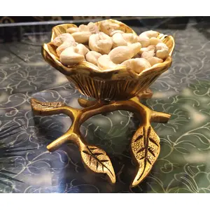 RR TRADING COMPANY Home Décor and Gifts Oxidize Metal Single Bowl, Tray on Leaf for Snacks, Dry Fruits (Size L*B*H :15 x 15 x 8 cm, Bowl Depth 4.2 Cm ,Golden)