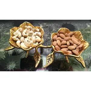 RR TRADING COMPANY Home Décor and Gifts Oxidize Metal Double Bowl ,Tray on Leaf for Snacks, Dry Fruits (Size L*B*H :26 x 15 x 8 cm, Bowl Depth 4.2 Cm ,Golden)