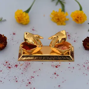 RR TRADING COMPANY Metal Golden Double Duck Shape Chandan Roli Kumkum Chawal Box (Blank) Home Decorative Items Chopda for Pooja and Gift Purpose
