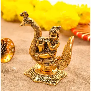 RR TRADING COMPANY Gold Plated Metal Hindu God Krishna Kanha Ji Murti On Peacock for Home Office Décor Pooja Purpose and Decorative Showpiece
