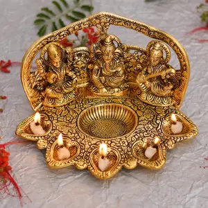 RR TRADING COMPANY Metal Large Laxmi Ganesh Saraswati Golden Idol Oil Lamp 5 Diya | Deepak | Puja Item 