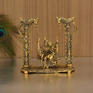 RR TRADING COMPANY Radha Krishna Idol on Jhula Murti Showpiece for Puja Gift - Gold Plated Radha Krishna Peacock Design Jhula Statue for Home Temple Office Decoration (Size 6.5 x 6.5 Inches)
