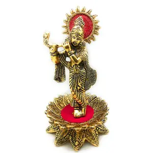 RR TRADING COMPANY Metal Krishna Idol on Lotus Kamal Showpiece Set for Worship and Home Decor krishna Golden idol for puja