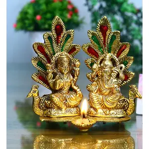 RR TRADING COMPANY Laxmi Ganesh Idol Statue with Diya Peacock Design Decorative Showpiece - 14 cm (Metal, Gold) (Laxmi Ganesh Gold)