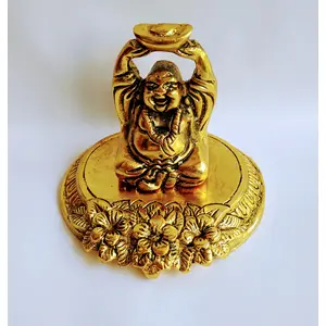 RR TRADING COMPANY Metal Laughing Buddha Decor | Feng Shui Laughing Buddha for Money and Wealth and Good Luck | Decorative Idol Statue Showpiece for Home| Office Decoration - Size : 10 X 10 X 10 cm, Golden