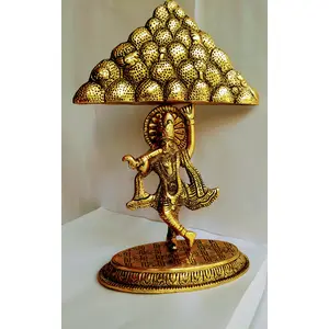 RR TRADING COMPANY Oxidized Metal Krishna Idol with Goverdhan Parvat on Finger Statue Idol, Figurine Showpiece for Gifting, Krishna Statue for Home Decor, Gifts Items (Golden size-22x16x10 cm.)