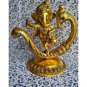 RR TRADING COMPANY Gold Plated Metal Handicraft New Moon Style Peacock and Ganesha Idol Dancing with Damru God Idols Murti  Showpiece Statue for Return Gift for Students Study Table for Office Table