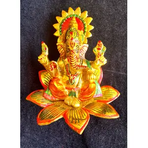 RR TRADING COMPANY Multicolor Metal Ganesha Sitting on Flower Leaf menakari for Pooja,Home, Shop,Office Decorative for Table and Gifts (16x12x16) CM