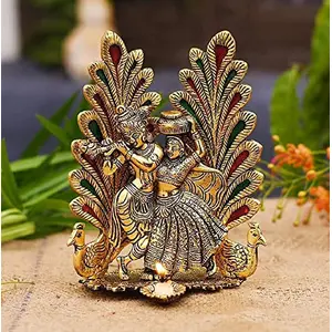 RR TRADING COMPANY Peacock Design Radha Krishna Idol Showpiece with Diya for Puja,Home Décor and Gift (8 x 6 Inches), Metal, Golden
