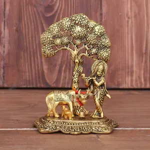 RR TRADING COMPANY Metal Krishna with Cow Standing Under Tree Plying Flute (Gold, 12x8x17cm)