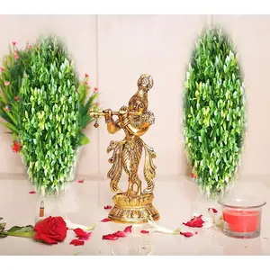 RR TRADING COMPANY Golden Lord Krishna Metal Statue,Krishna Idol Murti Playing Flute for Temple Pooja,Decor Your Home,Office & Showpiece Figurines Gift Article,Religious Idol
