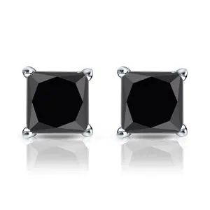 Saasvi Jewels  925 Solitaire Collection Sterling Silver and Cubic Zirconia Square Princess Black StoneStud Earrings for Women, Girls