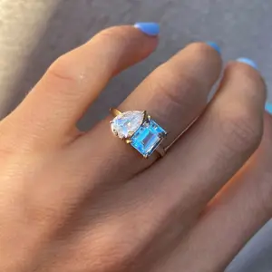Saasvijewels Double Stone Engagement Emerald ring 2 Stone Toi et moi ring Wedding Ring Radiant cut ring Pear ring 2 stone mothers ring Blue stone ring