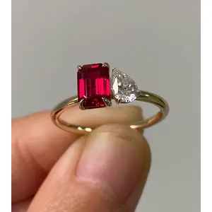 Saasvijewels Double Stone Engagement Emerald ring 2 Stone Toi et moi ring Wedding Ring Radiant cut ring Pear ring 2 stone mothers ring Red stone ring