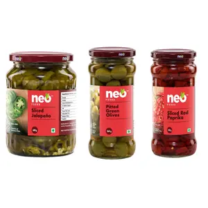 Neo Sliced Jalapenos 680g Pitted Green Olives 360g & Sliced Red Paprika 350g I Topings for Salads and Snacks Mix Combo Pack I Enjoy with Pasta Pizza Burger I 100% Vegan Non GMO