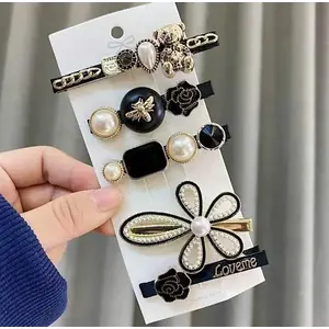 Blubby Korean Style Black Pearl Barrettes, Jewelry Hair Clip Set of 5 Pcs