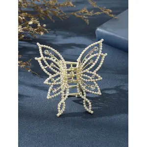 Blubby White Pearl Butterfly Metal Hair Clutcher Hair Claw Clips for Women (Pack of 1)
