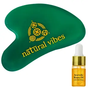 Natural Vibes Jade Gua Sha with FREE Gold Beauty Elixir Oil 3 ml For Face, Neck and Under eye 