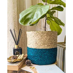 Fermoscapes Dual Color Sabai Grass Planter - Natural and Royal Blue, Stylish and Eco-Friendly Pot for Indoor and Outdoor Plants