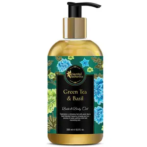 Oriental Botanics Bath & Body Oil (Green Tea & Basil) 200 ml with Natural For Rejuvenated Skin | No Parabens & Sulphates | Cruelty Free & Vegan
