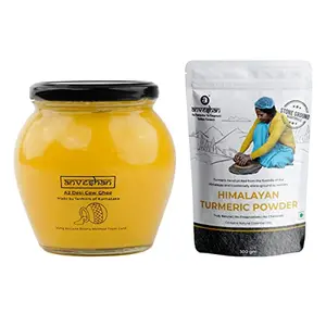 Anveshan A2 Cow Ghee 500 mL and Turmeric Powder 300g | Combo Pack | Healthy and Natural | Preservative Free