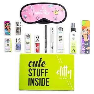Elitty Spoil Me Good Box- with all the best sellers (2 Nail Polishes - Meta Verse It's a Vibe | 1 Coloured Eyeliner - Cloud Nine | 1 | 1 Lip G- Pretty Chill| 1 Face Mist - Cherry Bom | 1 Sleeping ) Pack of 7  Makeup for Teenagers