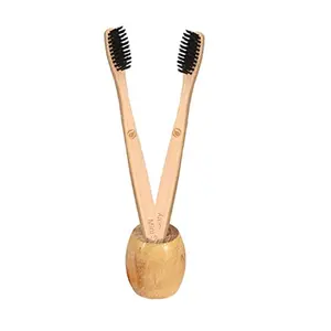 Mini Storify Truly Organic 1.Bamboo toothbrush stand | 2. bamboo tooth brush - Charcoal Soft Bristles,Oral Cleaning, Biodegradable (PACK OF 3)
